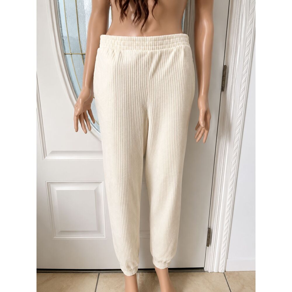 Women’s Ribbed Cream Elastic-Waist Jogger Pants size L